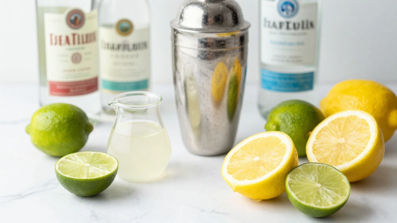 Fresh limes, lemons, and cocktail shaker on marble
