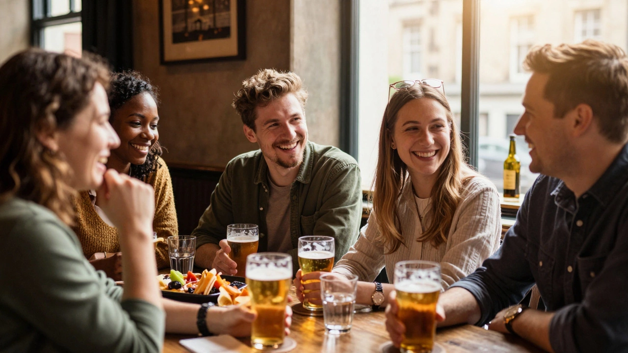 Friends laughing socially in a warm, cozy pub setting with drinks