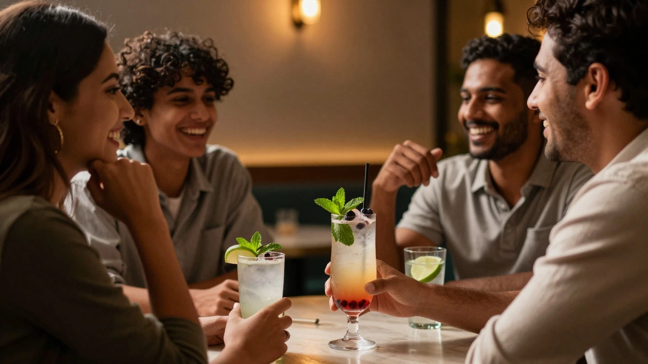 Friends socializing with mocktails and sodas at a bar
