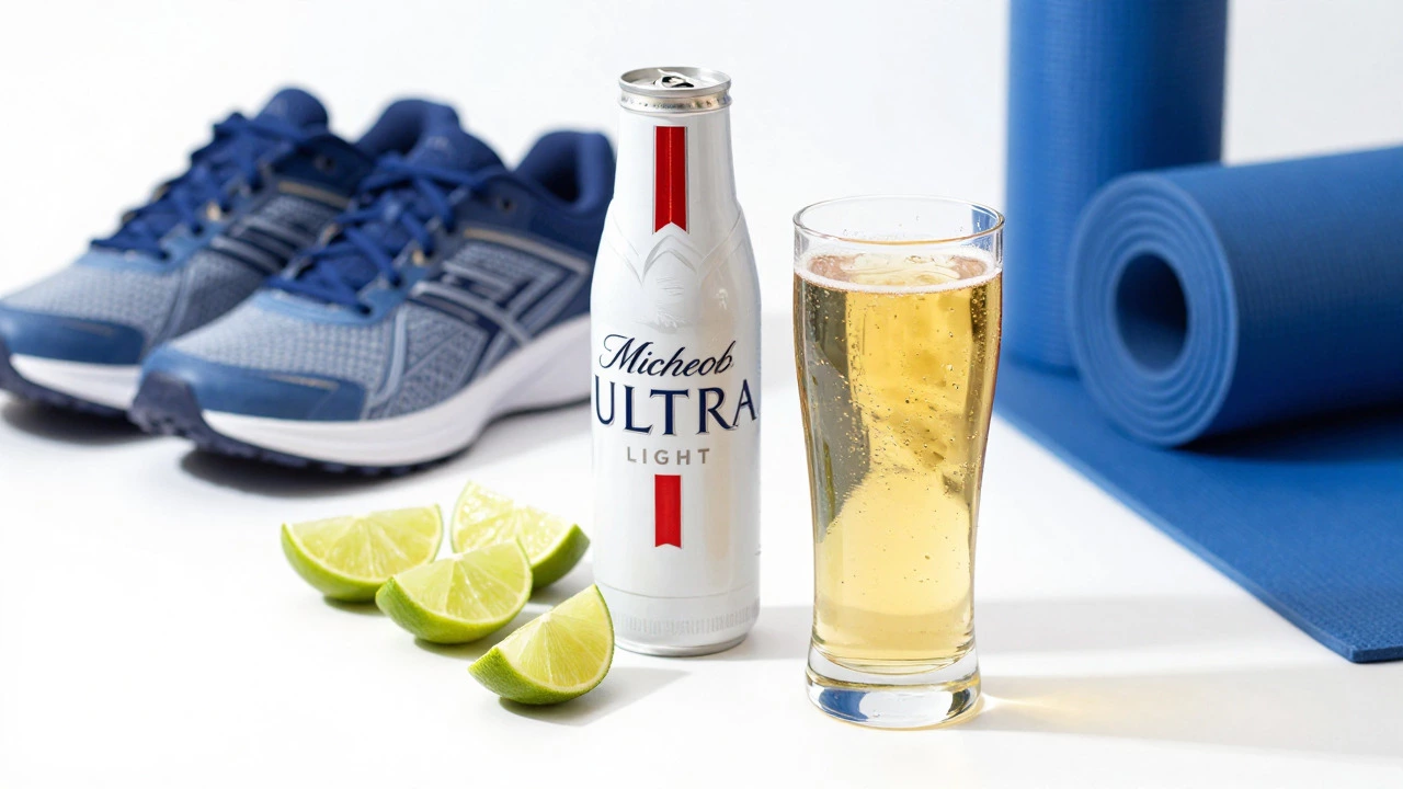 Glass of Michelob Ultra with lime and athletic gear in bright light