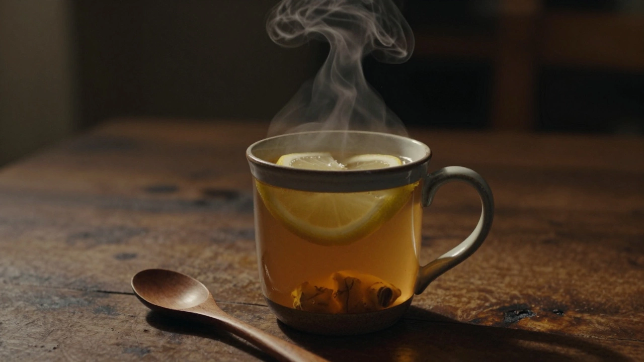 Steaming hot toddy with lemon and ginger in a mug