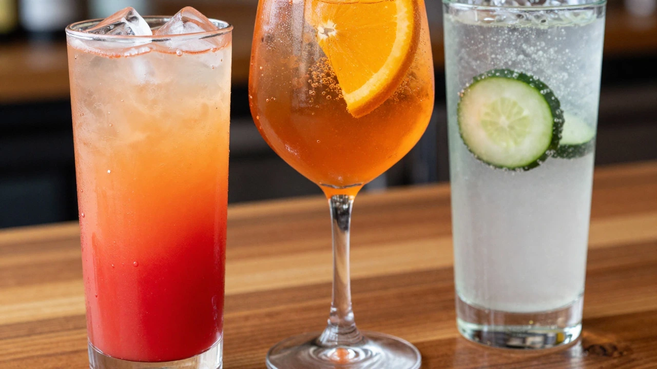 Three colorful beginner cocktails on a wooden bar counter