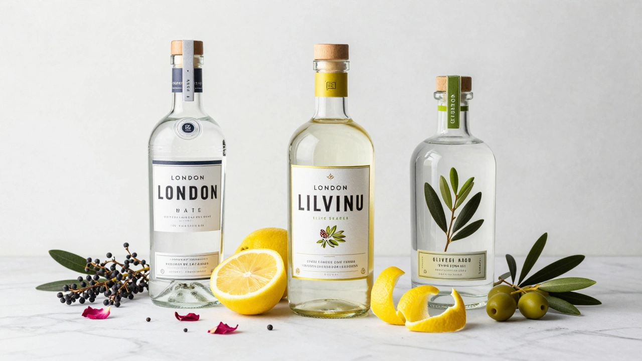 Three types of gin bottles with botanicals like lemons and olives
