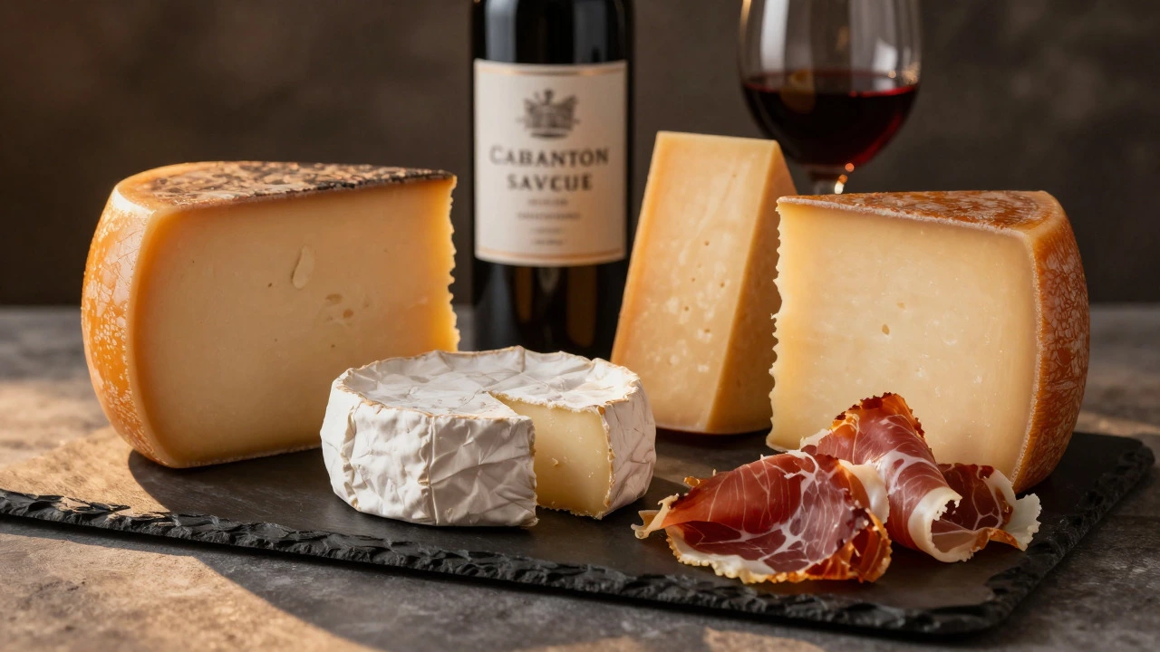 Assorted aged cheeses and cured meats paired with red wine on slate