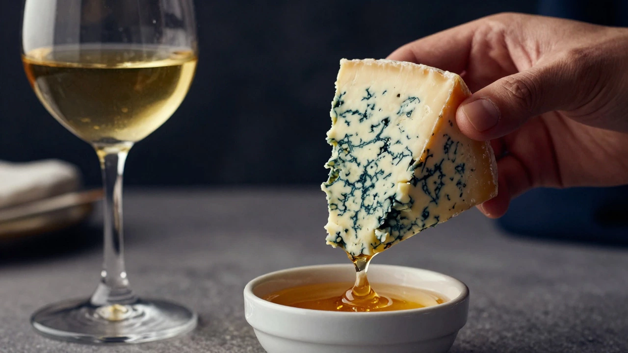 Blue cheese dipped in honey next to a glass of sweet dessert wine