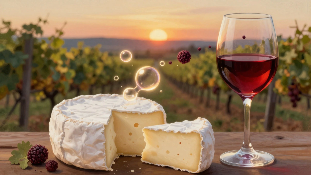 Conceptual art showing chemical interactions between wine tannins and cheese fats