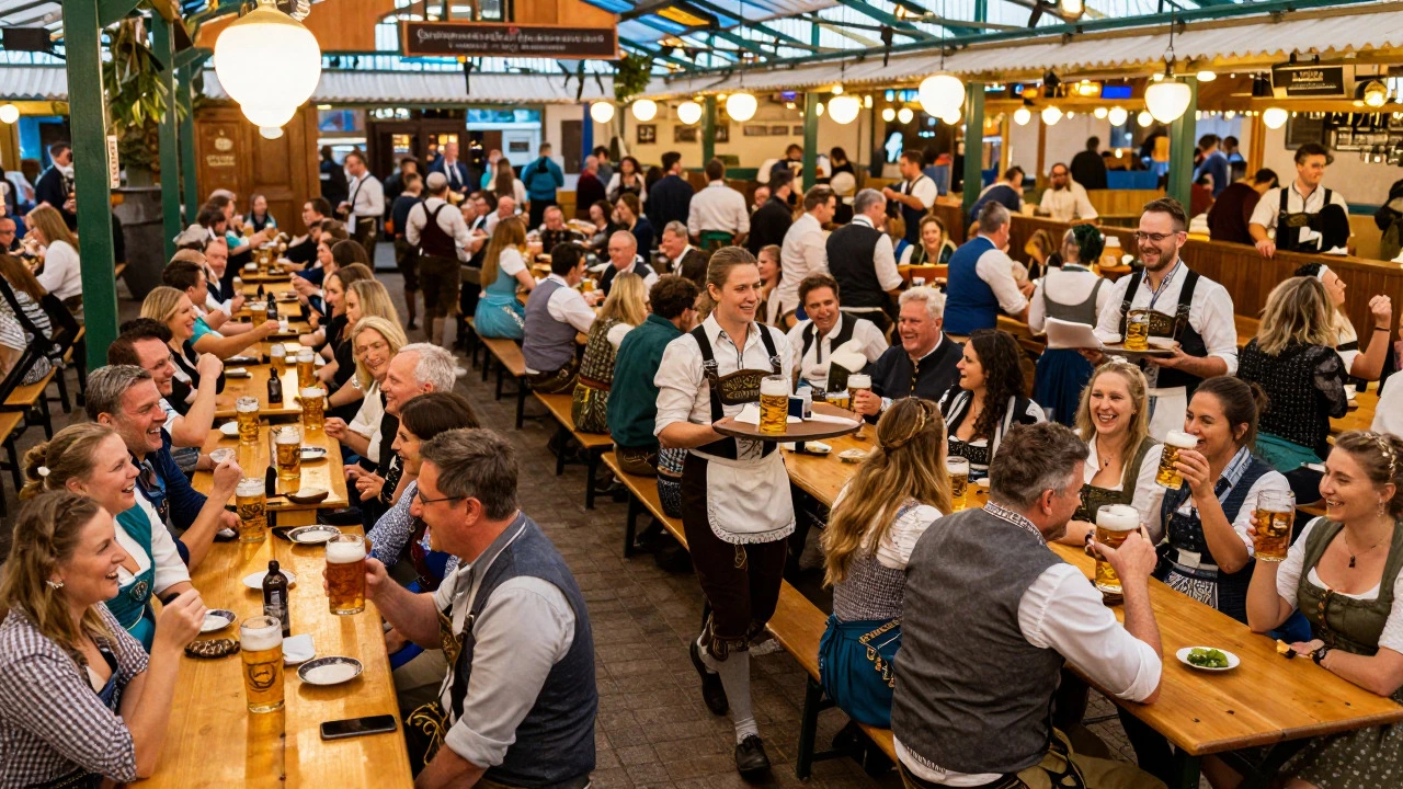 Crowded beer tent with people celebrating and drinking together