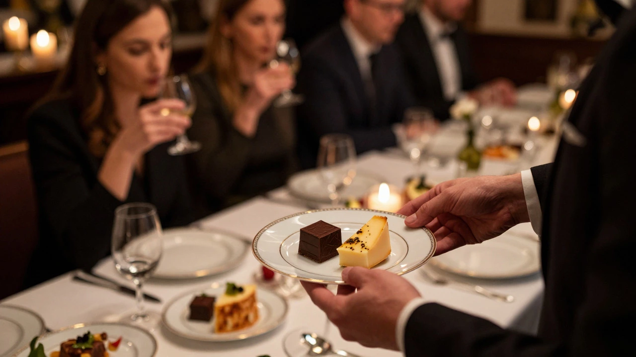 Dark chocolate and cheese paired with tea on a fine china saucer