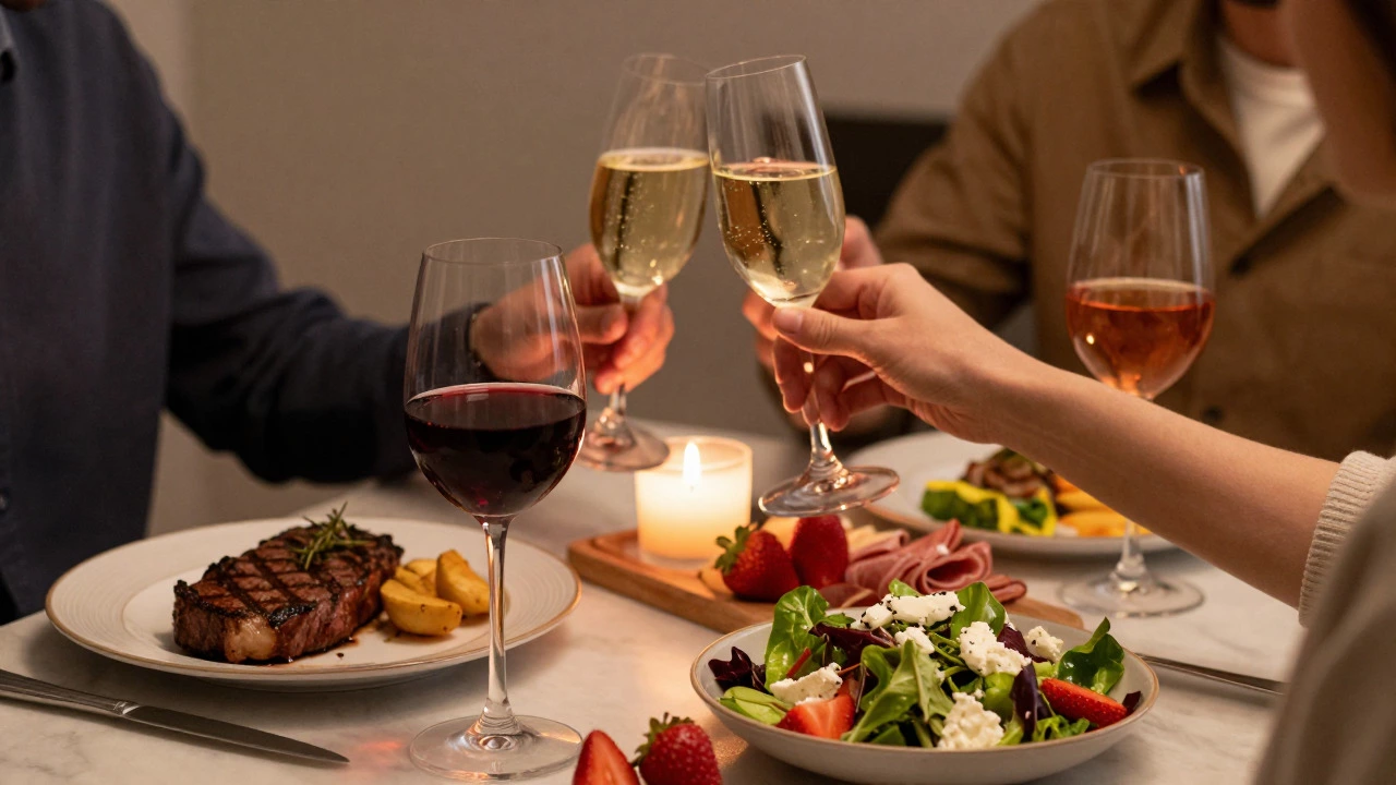 Dinner table with food pairings for red, white, rose, and sparkling wine
