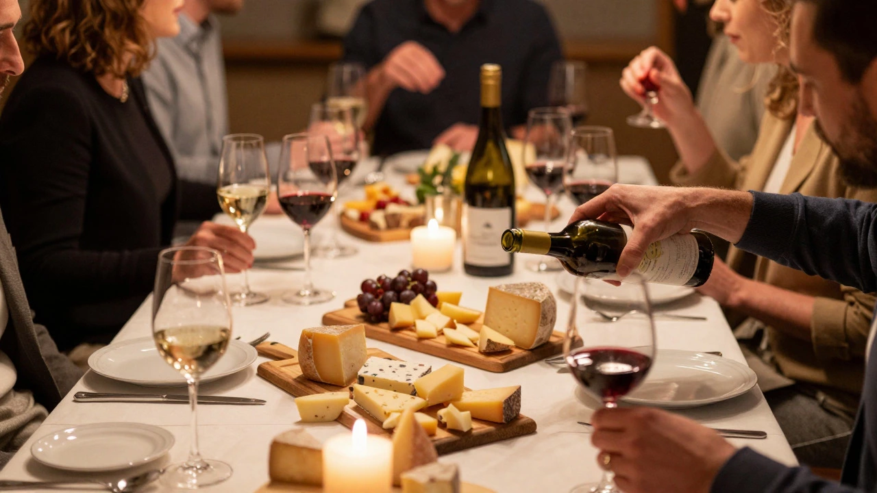 Elegant dinner party scene with guests enjoying various cheese and wine pairings