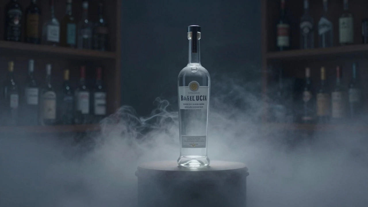 Isolated vodka bottle surrounded by fog symbolizing import bans and isolation