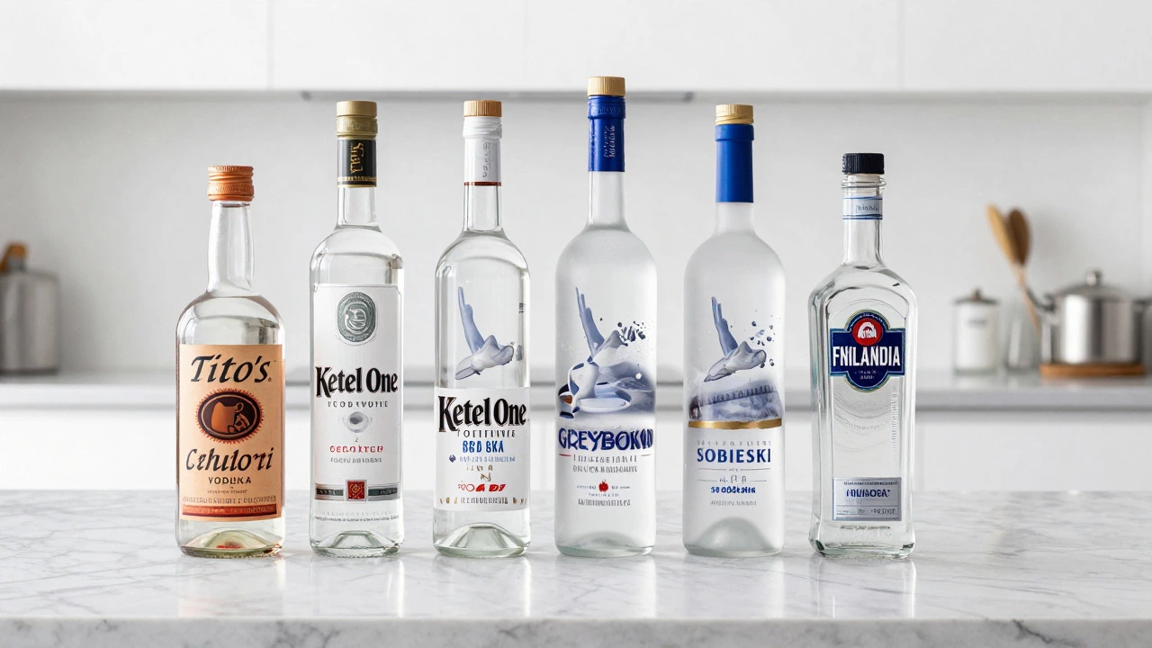 Lineup of alternative vodkas like Tito's and Grey Goose on a marble counter