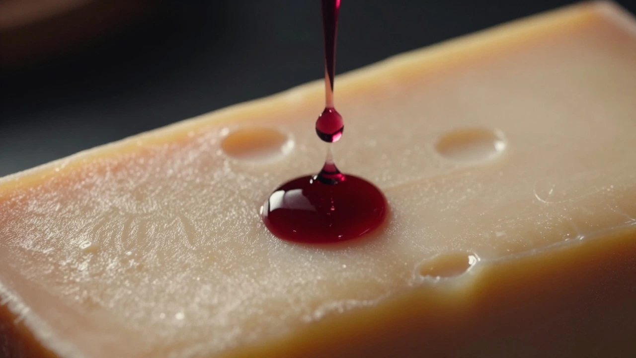 Macro shot of red wine droplet on aged sheep's milk cheese