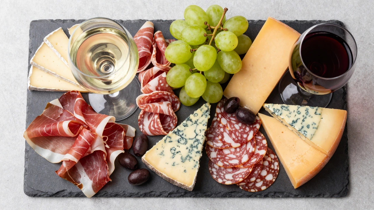 Overhead view of a zoned charcuterie board with varied cheeses and meats