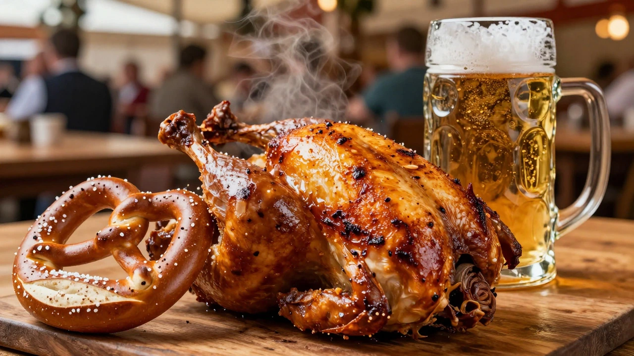 Traditional Oktoberfest food including roast chicken, pretzels, and beer