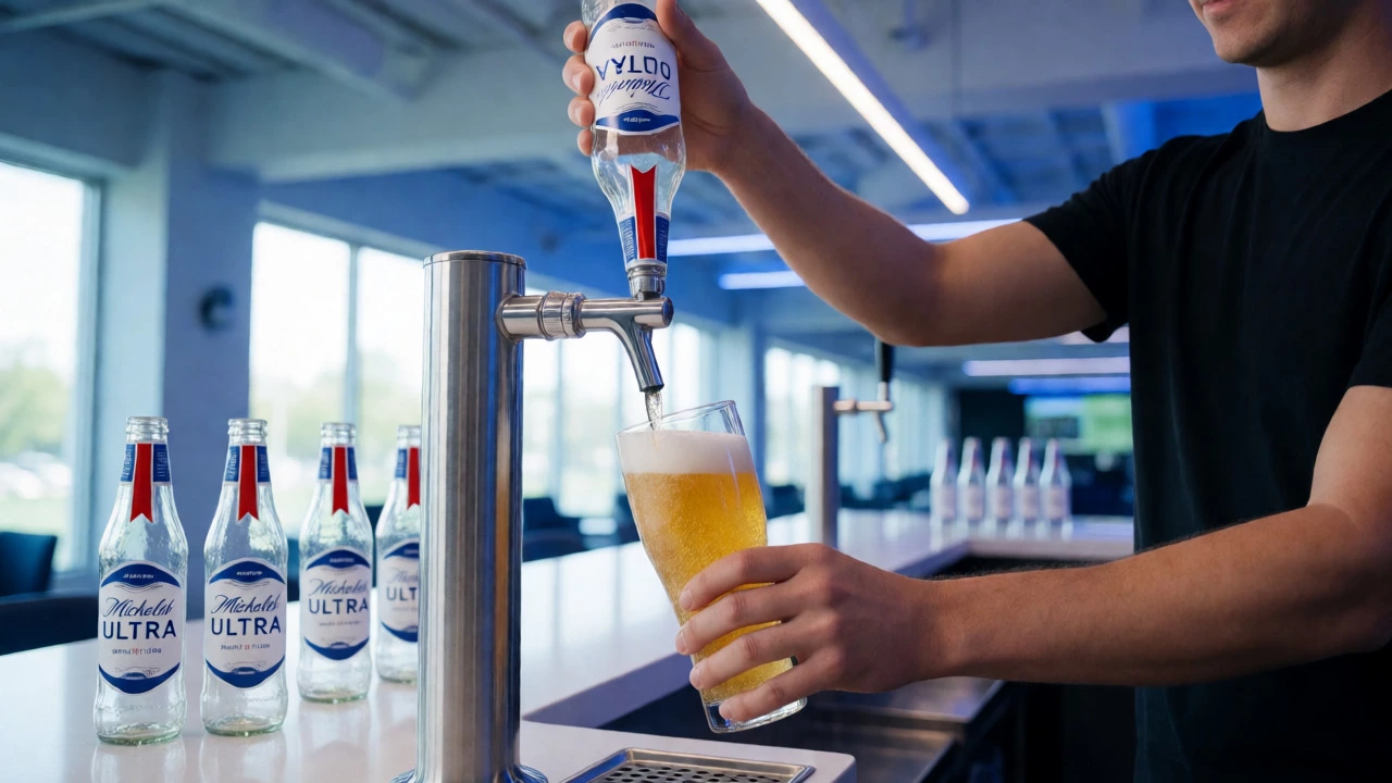 Bartender pouring Michelob Ultra draft beer into a glass