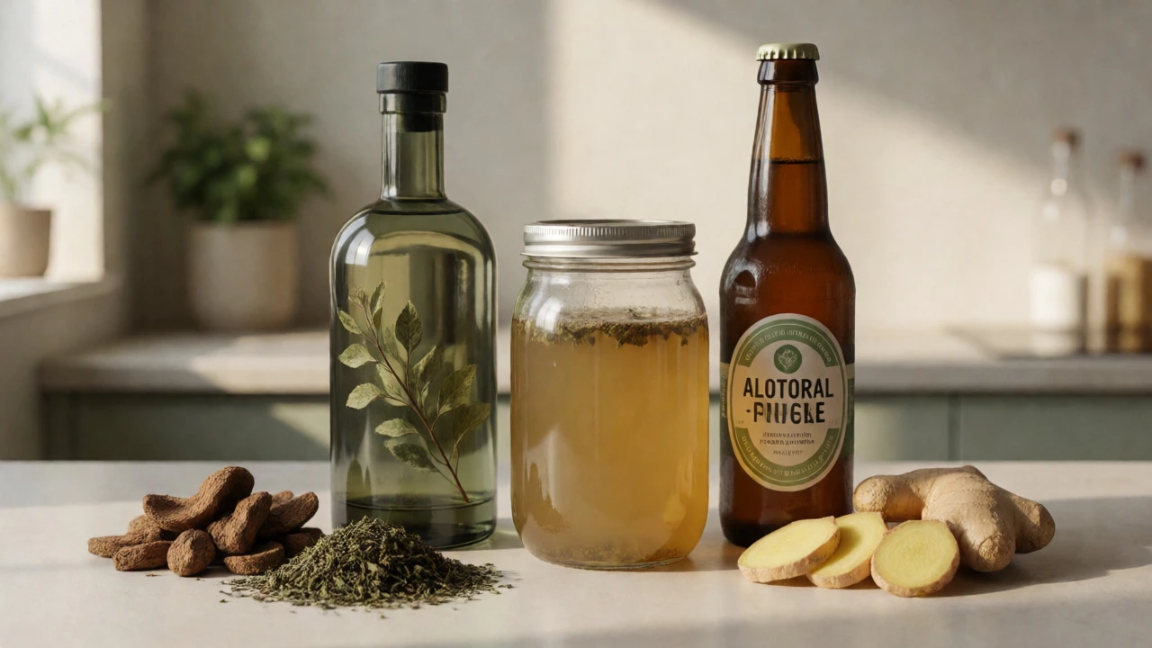 Botanical spirits, kombucha, and NA beer arranged with herbal ingredients