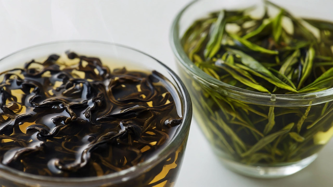Close-up of steeping black and green tea leaves showing texture differences