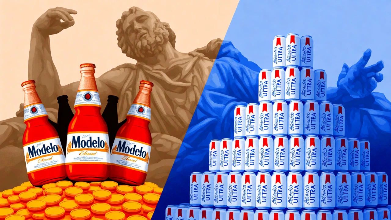 Conceptual art comparing Modelo revenue and Michelob volume