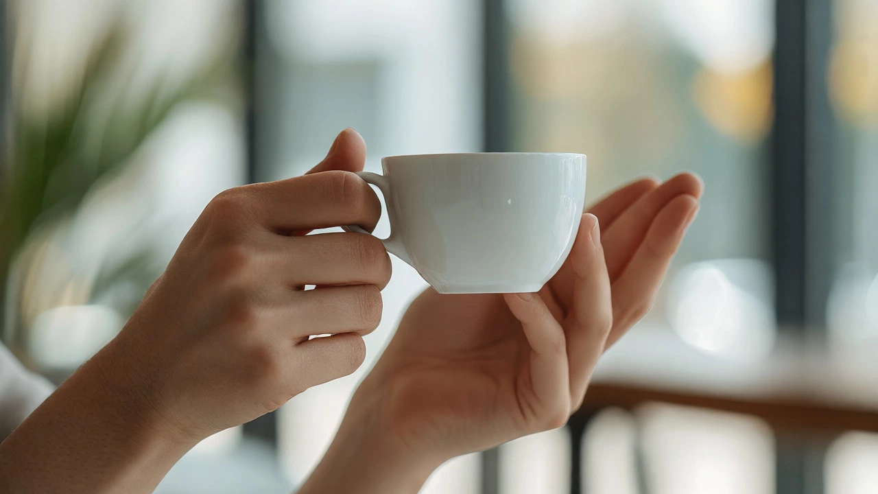 Correct modern grip on a handled teacup with fingers curled naturally inward.