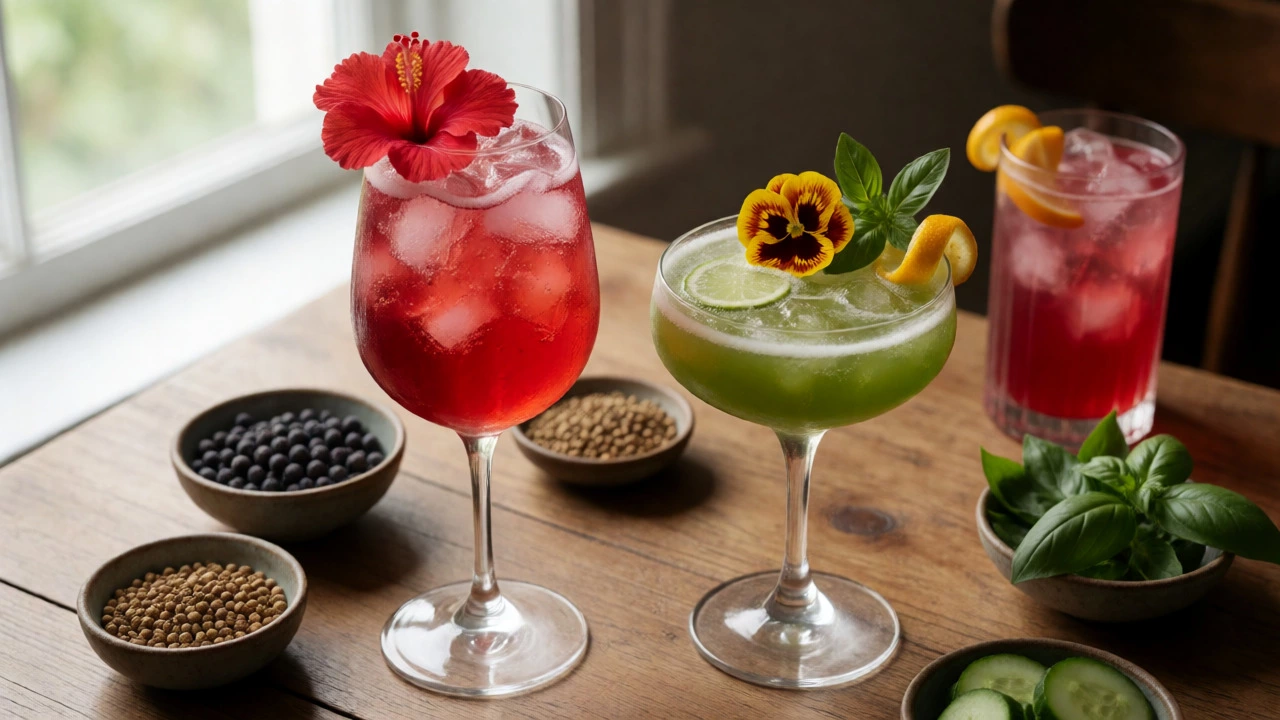 Elegant mocktails including hibiscus spritz and mojito on a wooden table
