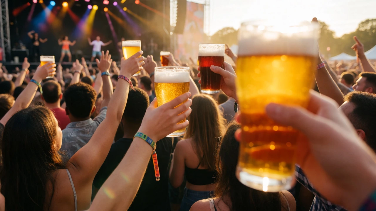 Festival crowd enjoying premium lagers like Stella and Bud at sunset