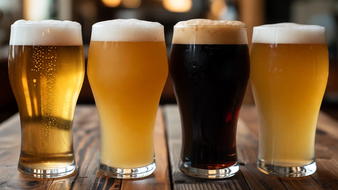 Four glasses showing Pale Ale, Hefeweizen, Stout, and Cream Ale side-by-side.