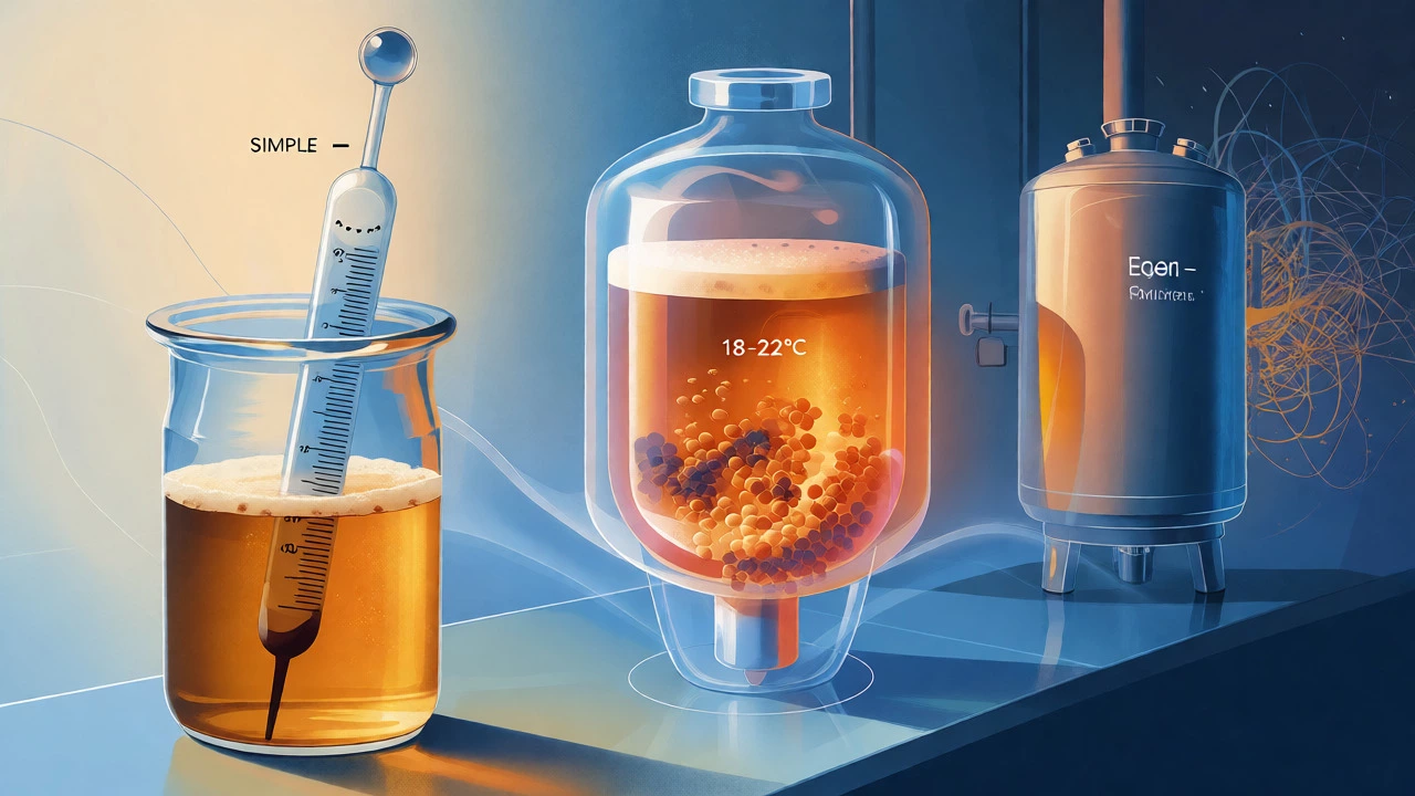 Hydrometer and fermenting vessel illustrating simple ale brewing process.