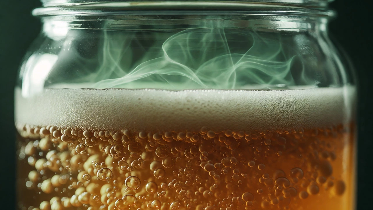 Macro view of fermenting beer with rising bubbles and green mist