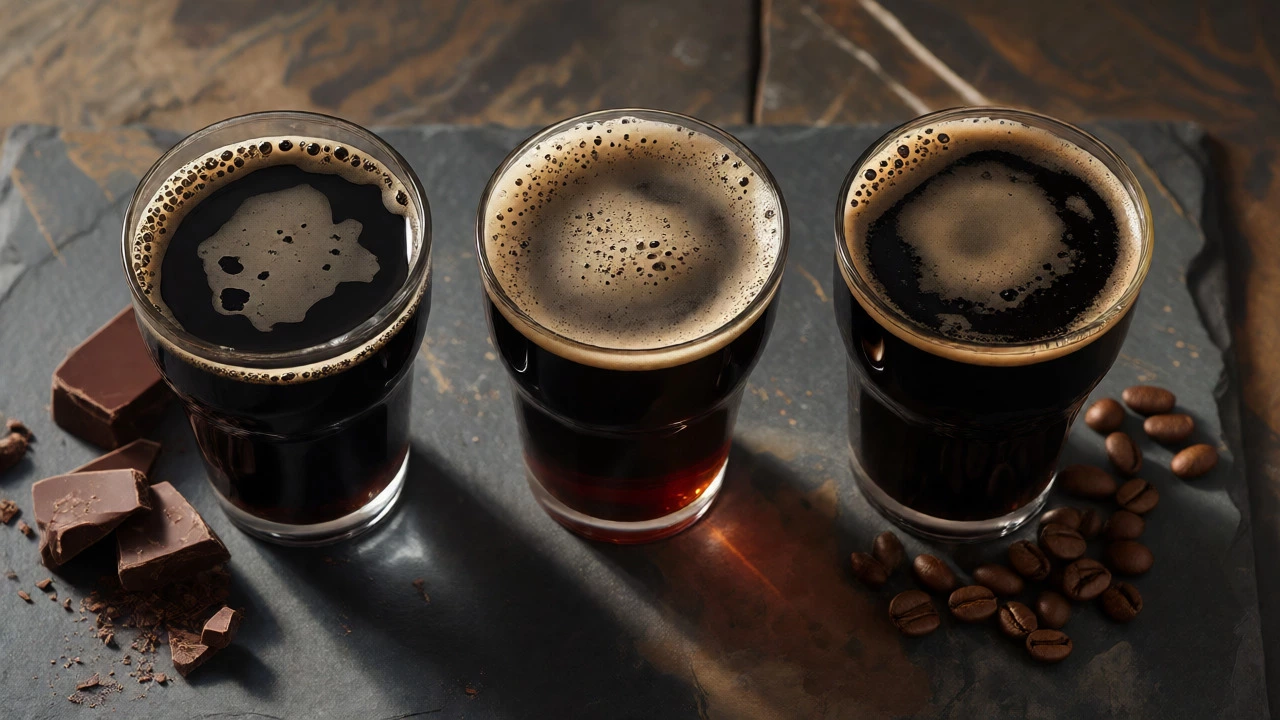 Three glasses of stout showing progression from cloudy to clear