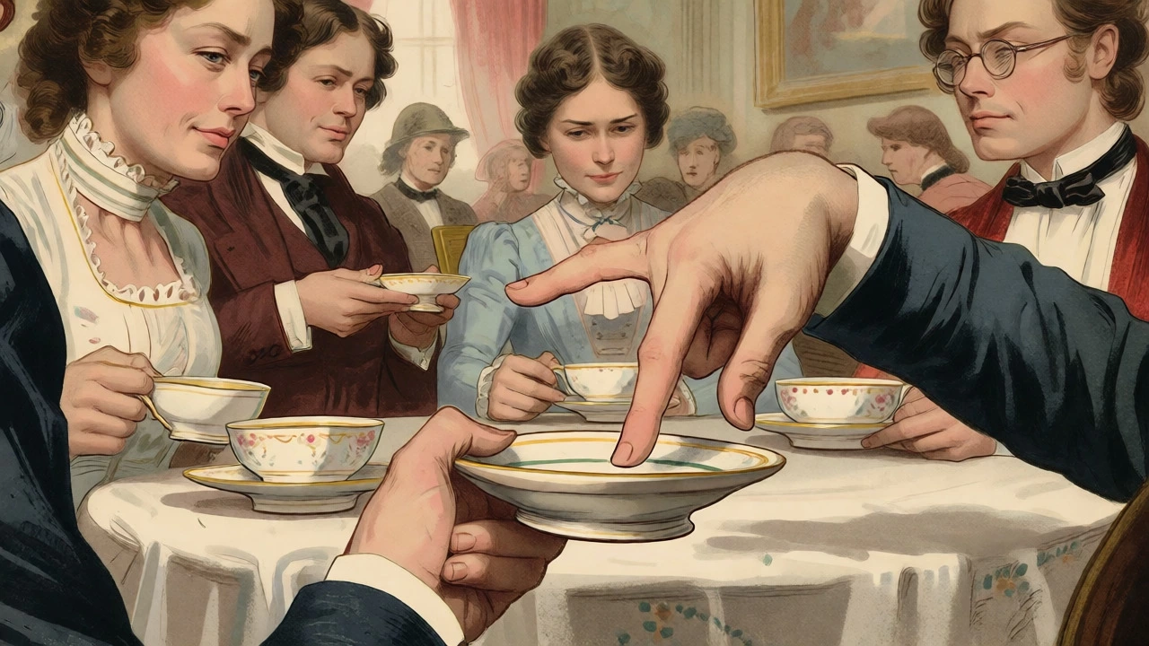 Victorian scene showing people using pinkies to balance wide, unstable teacups.