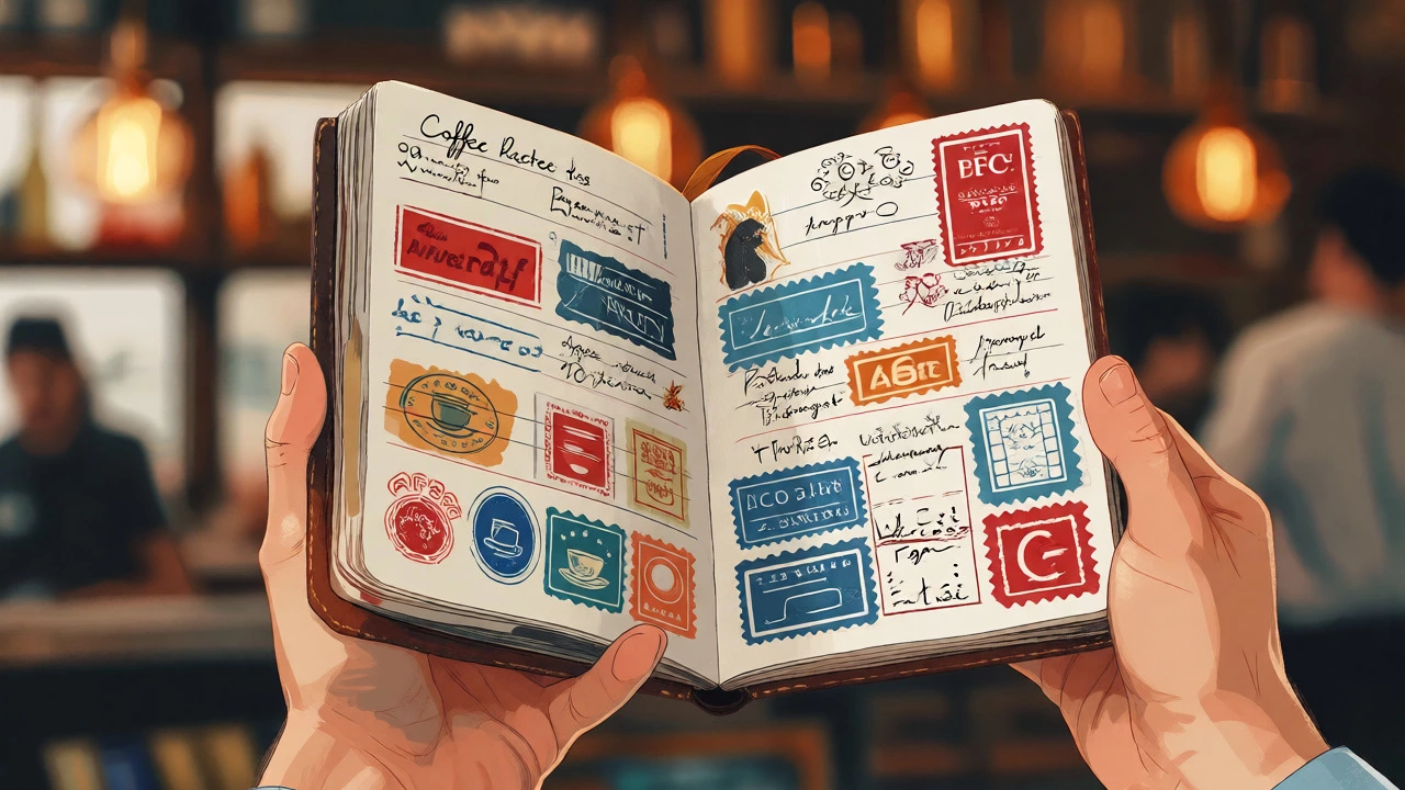 Barista hands holding an open coffee passport filled with colorful origin stamps and tasting notes.