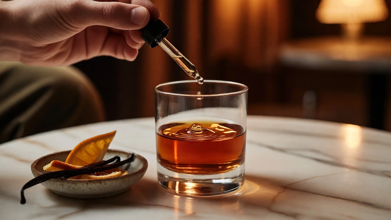 Close-up of a hand adding a drop of water to a glass of bourbon next to aromatic garnishes.