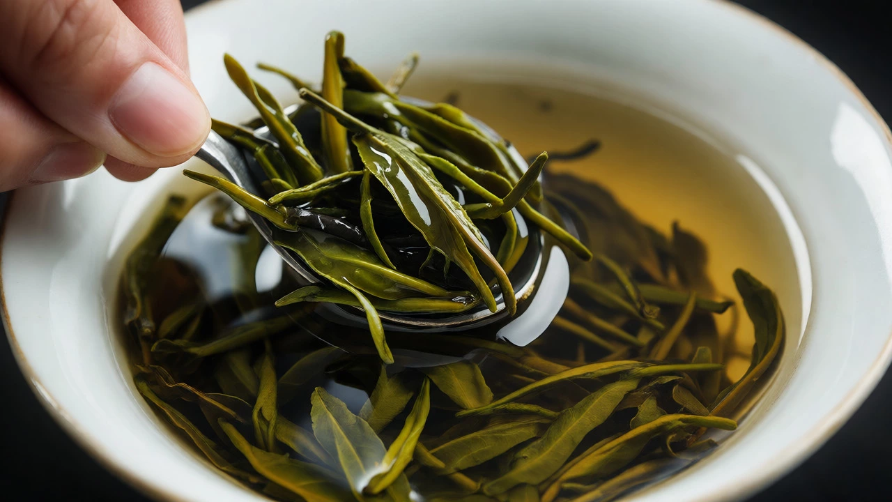 Close-up of wet tea leaves being inspected in a white bowl