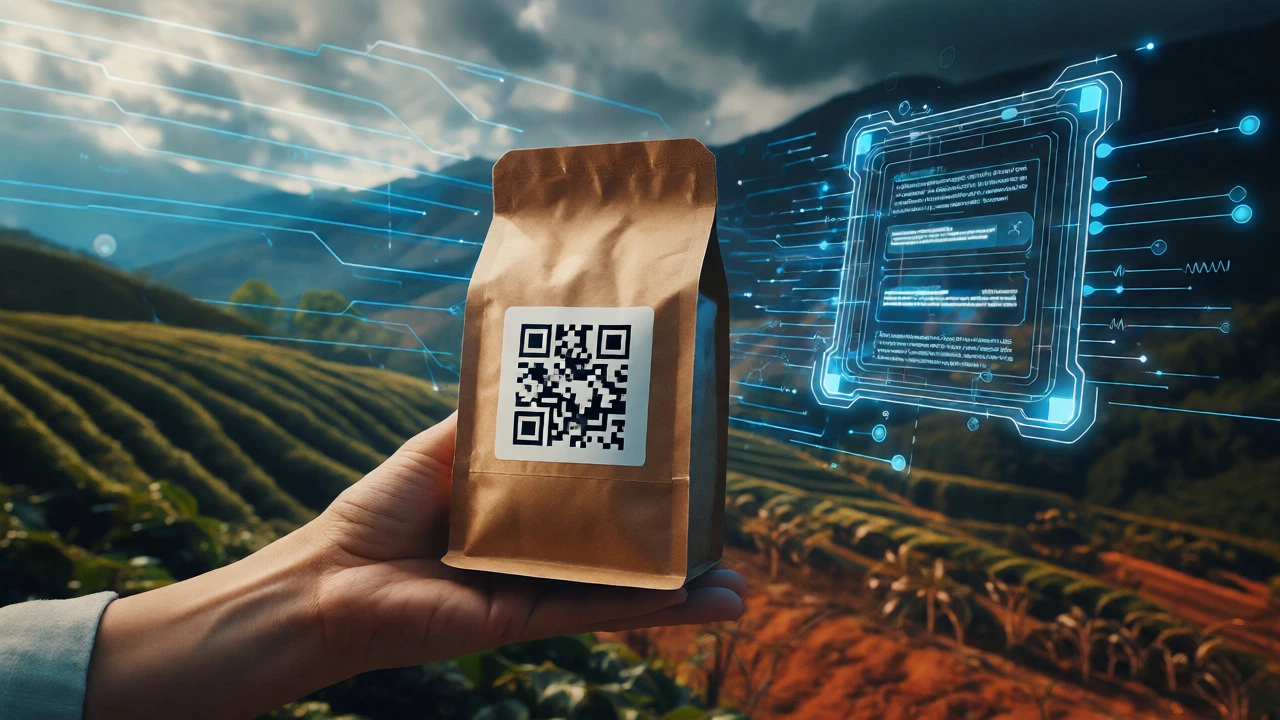 Conceptual blend of a coffee bag with a QR code and floating digital data interfaces.