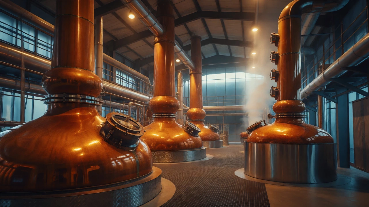 Copper pot stills at the Gayant Distillery in Douai, France during production