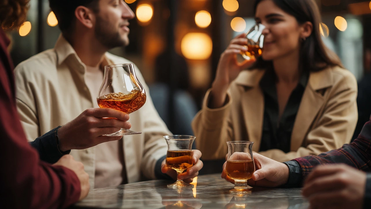 Friends enjoying neat pours of cognac and tequila in a sophisticated, warmly lit bar setting.