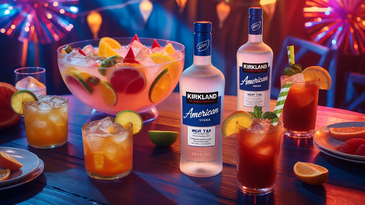 Party table with cocktails and punch made using Kirkland American Vodka