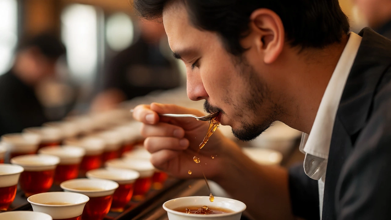 Tea expert slurping tea from a spoon to aerate it for tasting